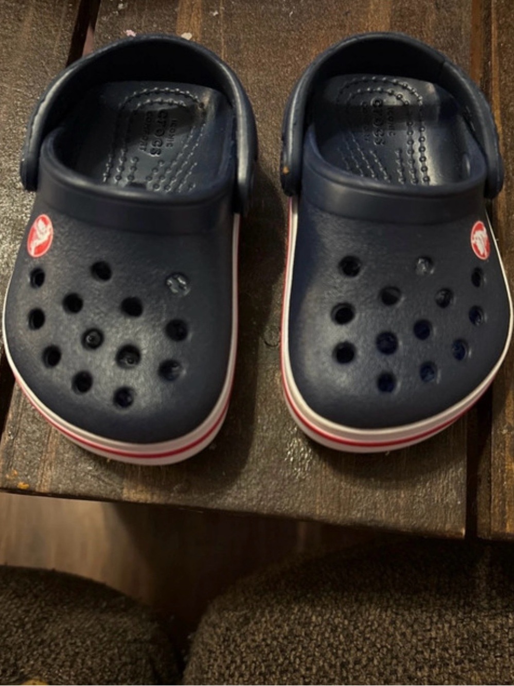 CROCS Kids Navy Clog Sandals with Red and White Trim